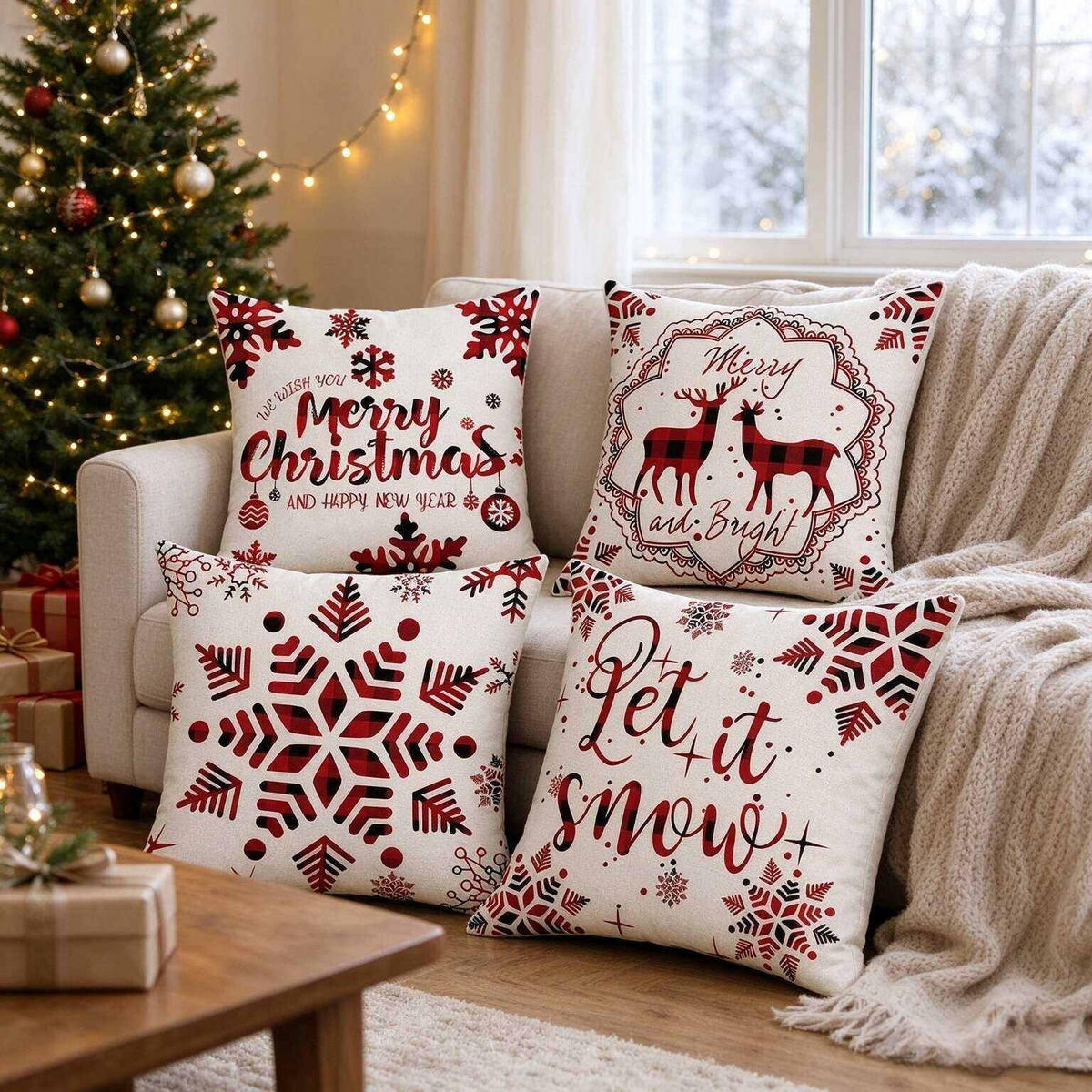 KISSENBEZUG – Weihnachtskissenbezug (Kissenfüllung nicht enthalten) – 45 x 45 cm – Multicolor(vier Stück) - Multicolor, Textil (45/45cm)