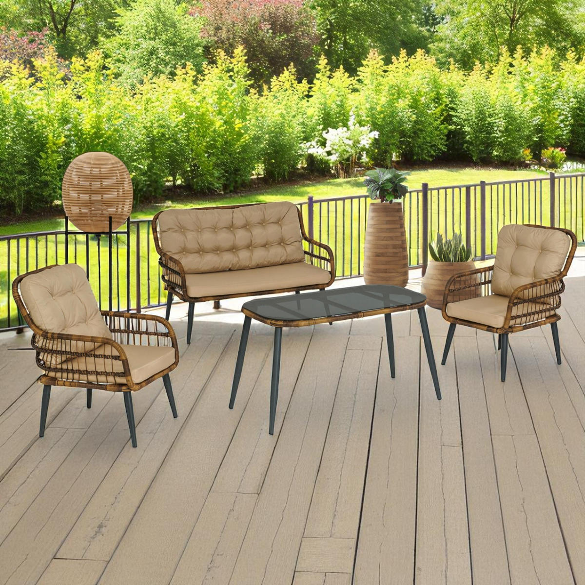 GARTENGARNITÜR Rattan Gartenlounge PISA - Braun, Metall - Gowoll