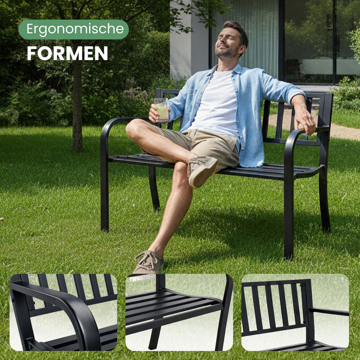 GARTENBANK LINEA Schwarz 119 x 76 x 51 cm - Schwarz, Metall (119/76/51cm) - Akord