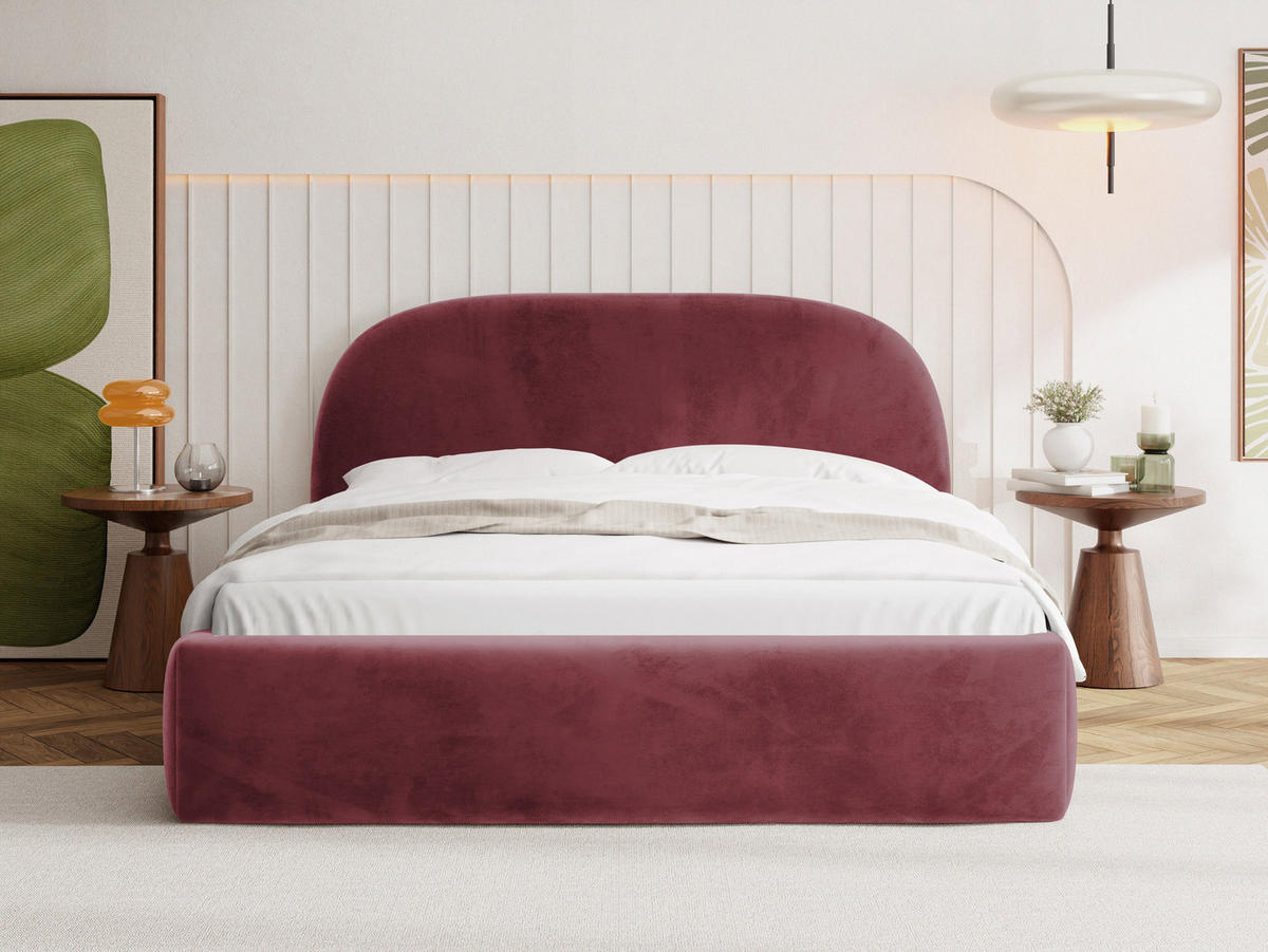 POLSTERBETT Puro mit Bettkasten, Bordeaux Samt 120 x 200 cm – mit Metall-Lattenrost - Bordeaux/Birkefarben, Kunststoff/Textil (120/200cm) - WFL GROUP