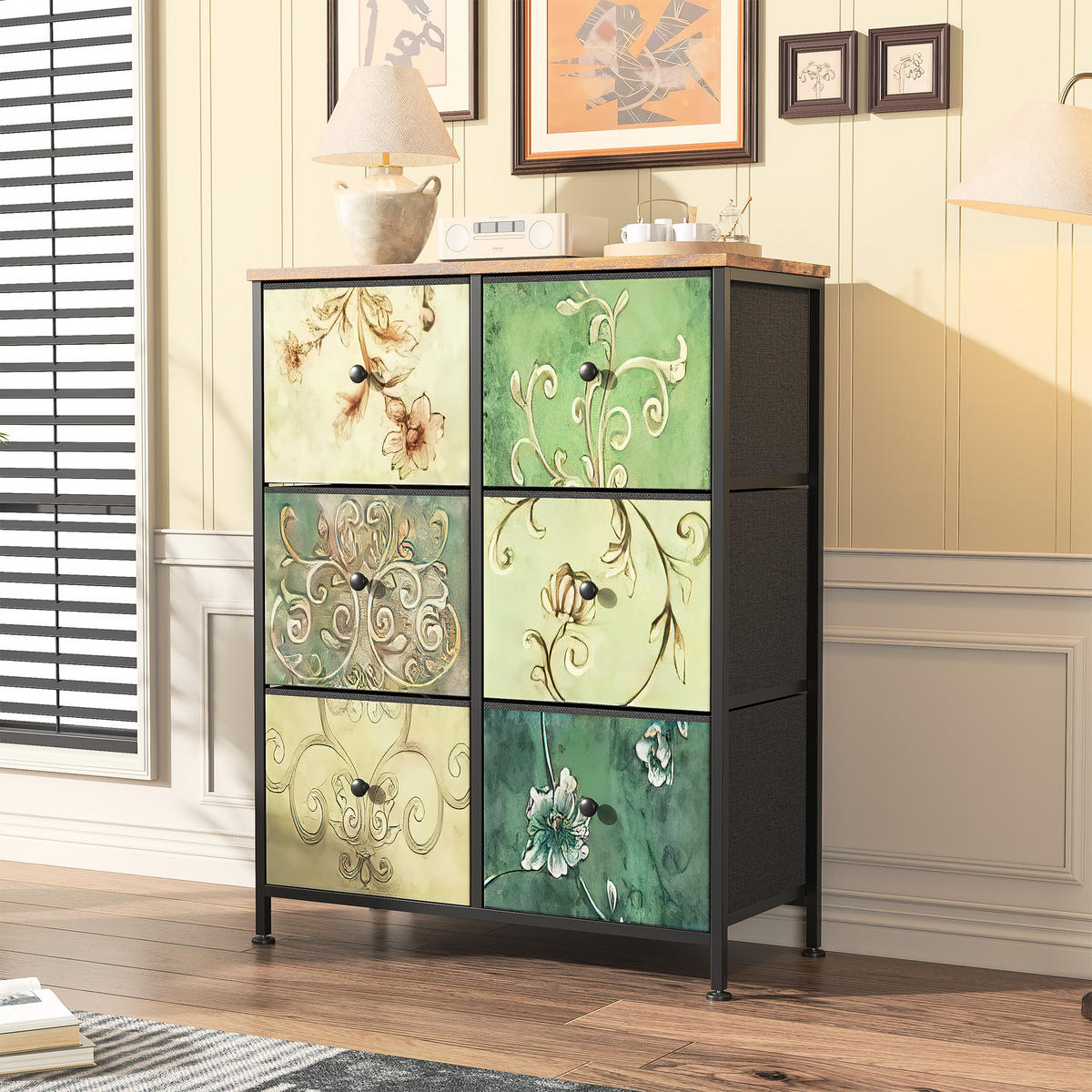 KOMMODE mit 6 Stoffschubladen, Sideboard für Küche, Büro, Flur - Multicolor, Holz (30/86.5/67.5cm)