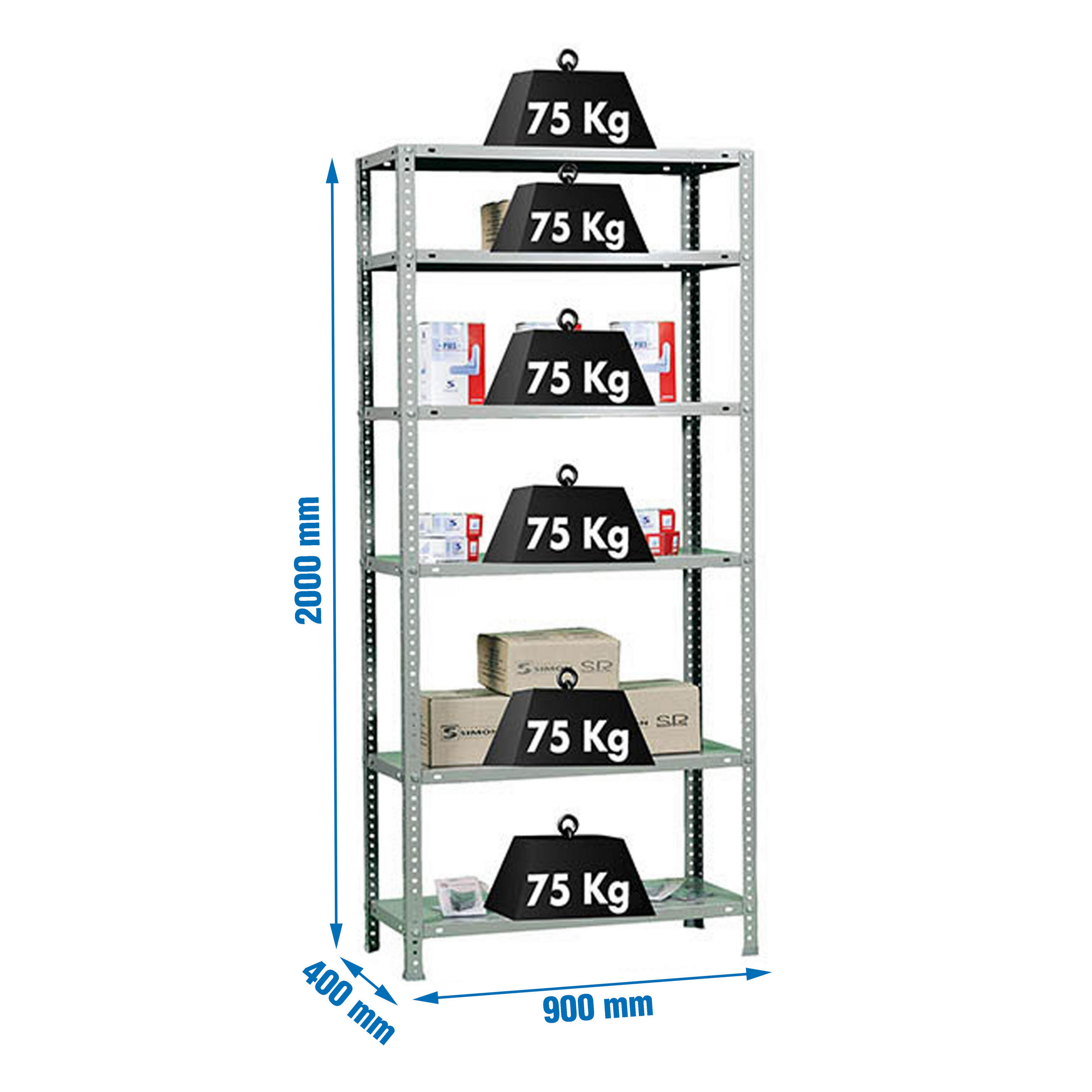 SCHRAUBREGAL PANDA TALL | HxBxT 200x90x40cm | 6 Fachböden | Fachlast 75kg | Verzinkt - Silberfarben, Metall (90/200/40cm) - PROREGAL