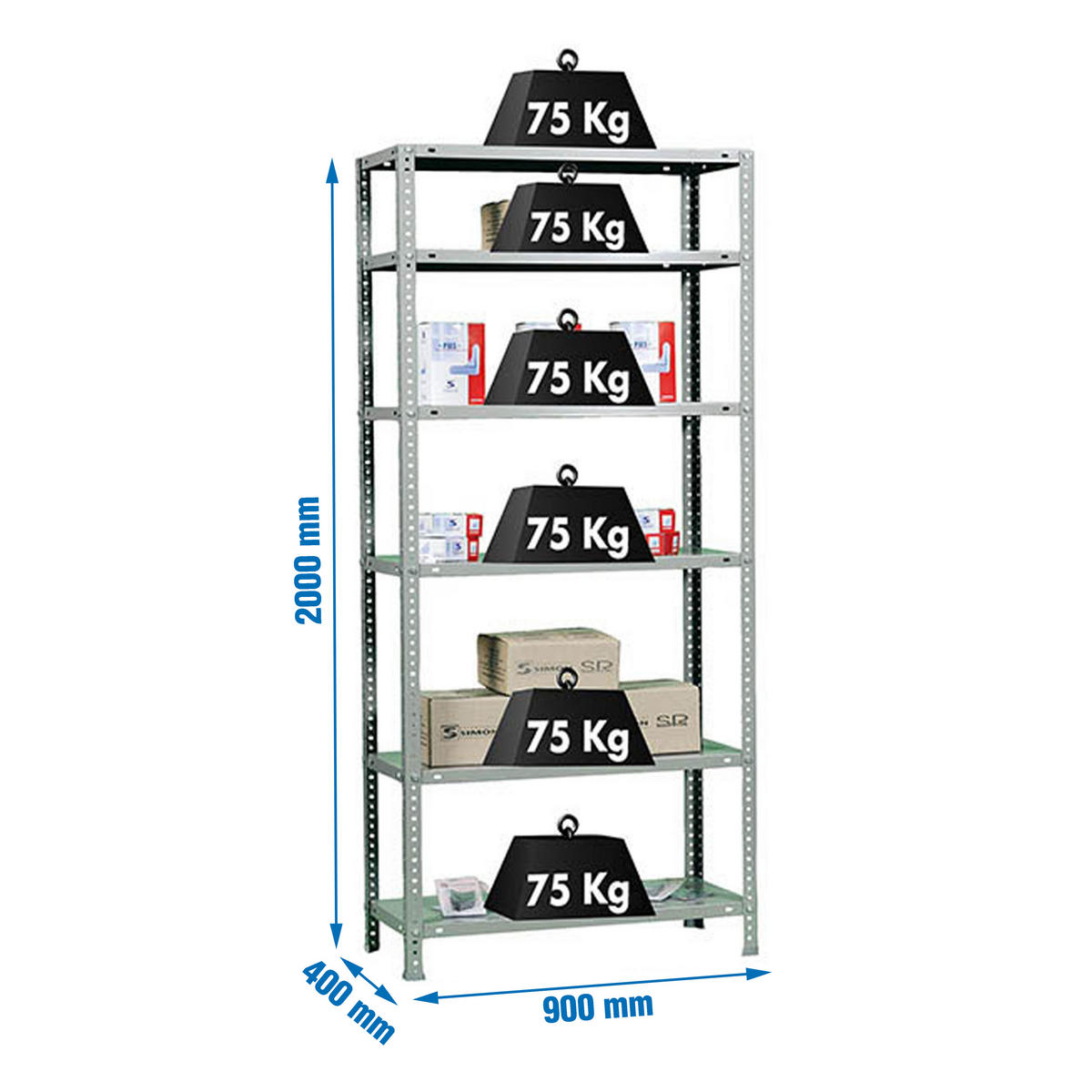 SCHRAUBREGAL PANDA TALL | HxBxT 200x90x40cm | 6 Fachböden | Fachlast 75kg | Verzinkt - Silberfarben, Metall (90/200/40cm) - PROREGAL