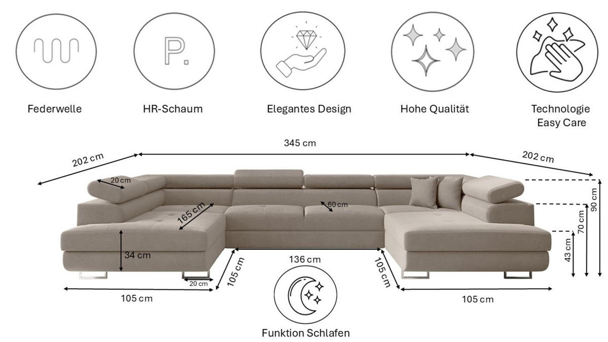 ECKSOFA Falio U-förmiges mit Schlaffunktion und Kopfstützen Velours KaltesBeige - Cappuccino, Holz/Textil (202/345cm) - Kaiser Möbel