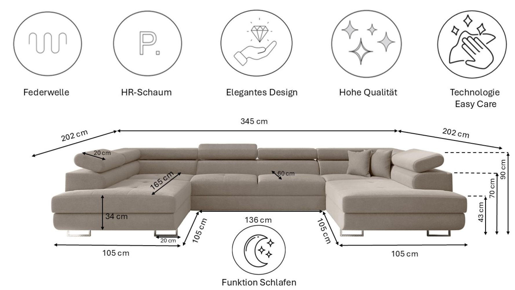 Thumbnail - Kaiser Möbel Ecksofa, Cappuccino, Textil, U-Form,L-Form, 345x202 cm, Wohnzimmer, Sofas & Couches, Wohnlandschaften, Ecks...