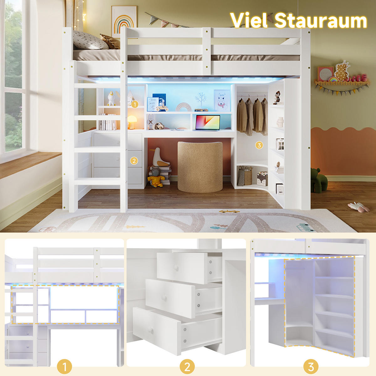 HOCHBETT 140x200cm Weiß LED-Licht Kleiderschrank Schreibtisch Schubladen - Weiß, Holz (140/200cm) - FLIEKS