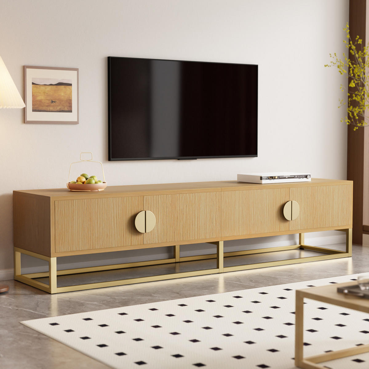 TV Lowboard 180 cm, 4 Türen, halbrunde Griffe, Holz - Braun, Holz (180/40/40cm)