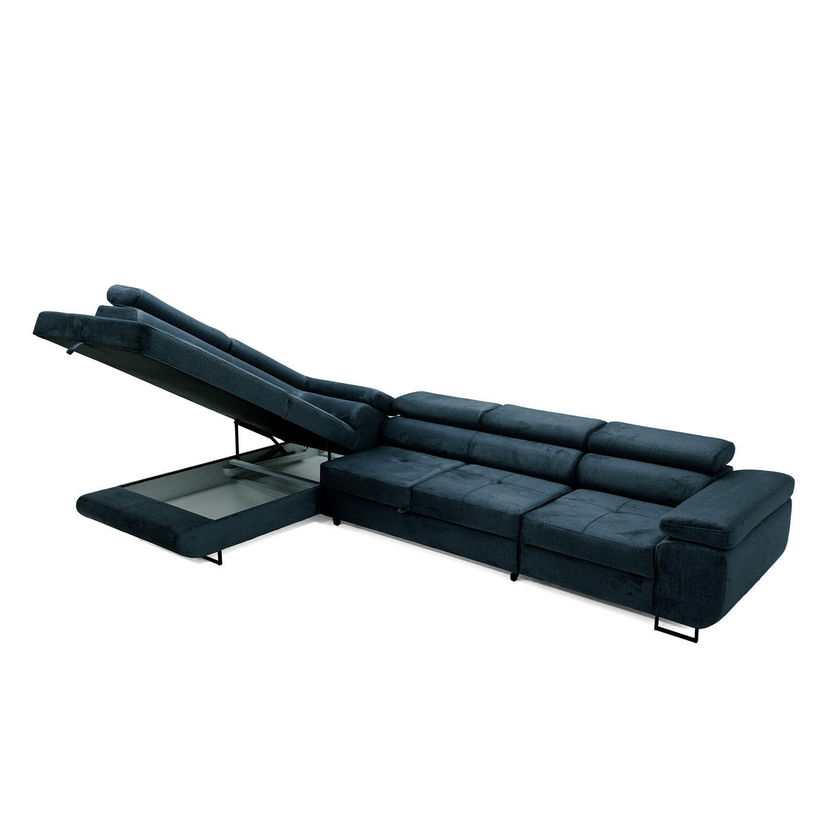 ECKSOFA WILD MAXI L Links mit Schlaffunktion 125x195 Velours Dunkelblau - Chromfarben/Dunkelblau, Holz/Textil (203/350cm) - Muffo