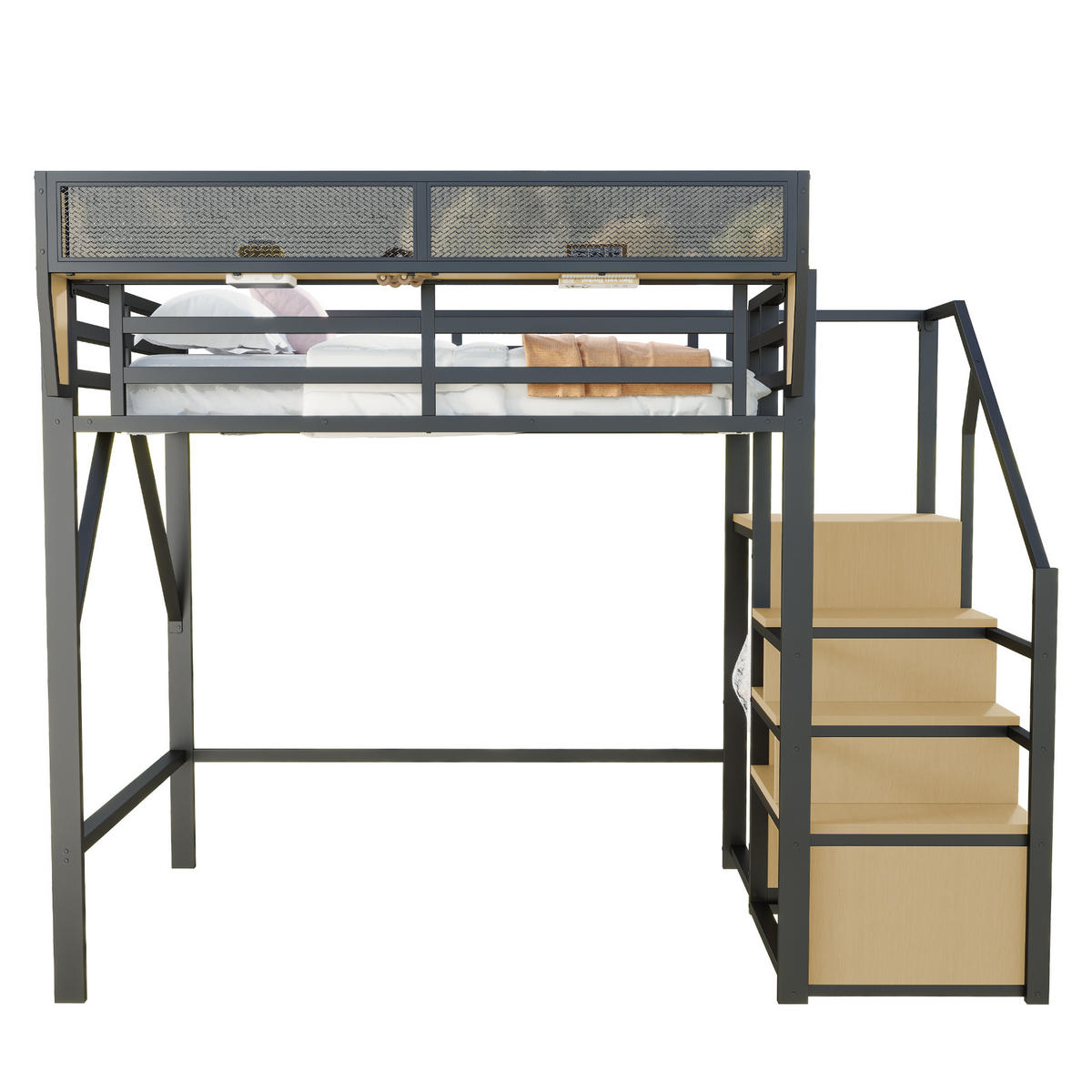 HOCHBETT mit Leiter und Regal 140x200 cm Metall Schwarz - Schwarz, Metall (140/200cm) - Meubliv