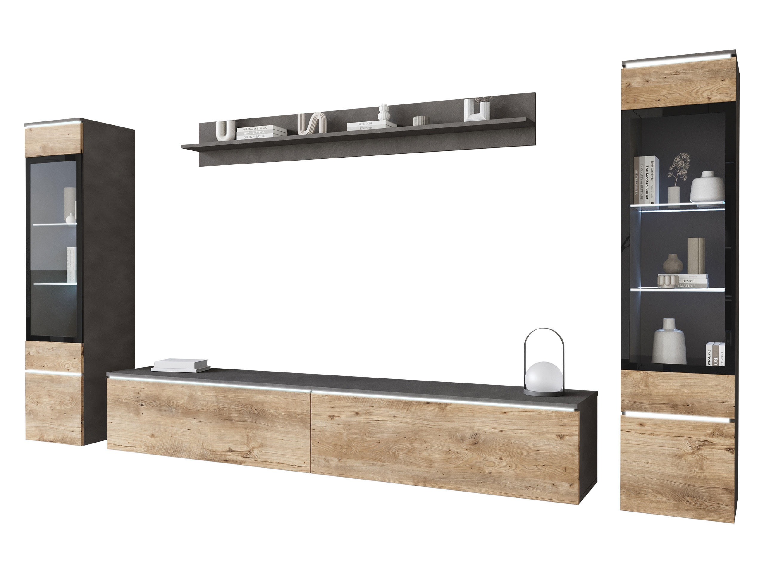 WOHNWAND Vera II mit weißer LED Beleuchtung - Braun/Grau, Holzwerkstoff (30/130/33cm) - MIRJAN24