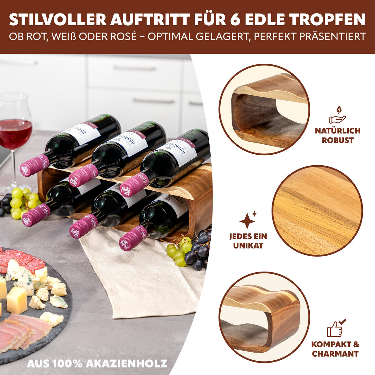 WEINREGAL-SET 6tlg, Akazienholz - Akaziefarben, Holz (38/12.5/16cm) - eluno