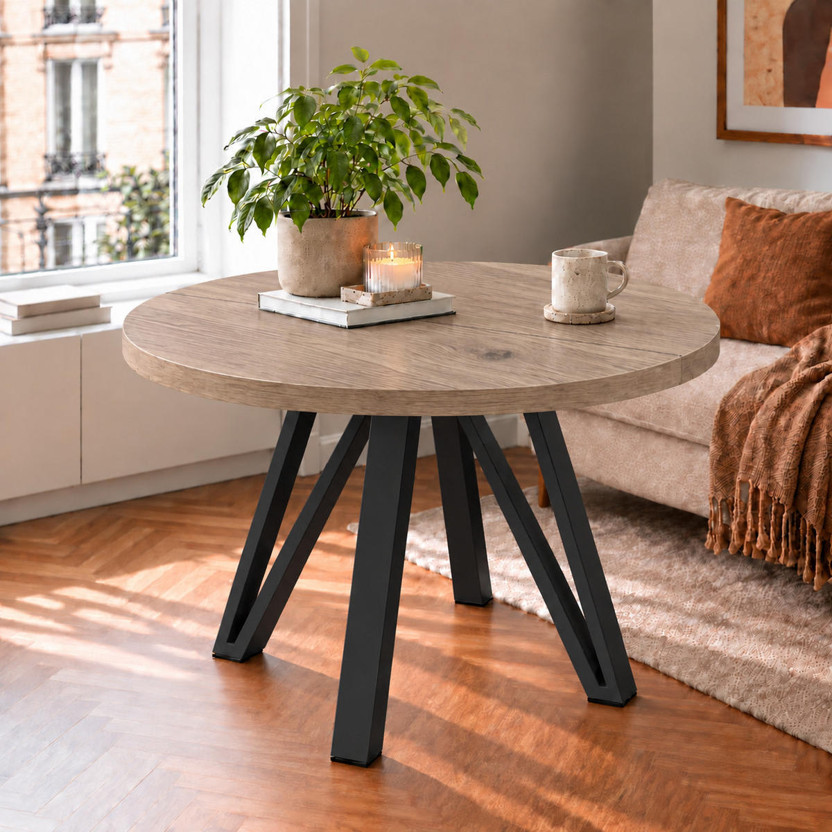 ESSTISCH rund ausziehbar 90/190/76 cm, Graubraun Eiche Halifax Egger, 54 cm Tischplatte + Industrial Metallgestell Schwarz - Eichefarben/Graubraun, Holzwerkstoff/Metall (90/190/76cm) - Damale Möbel