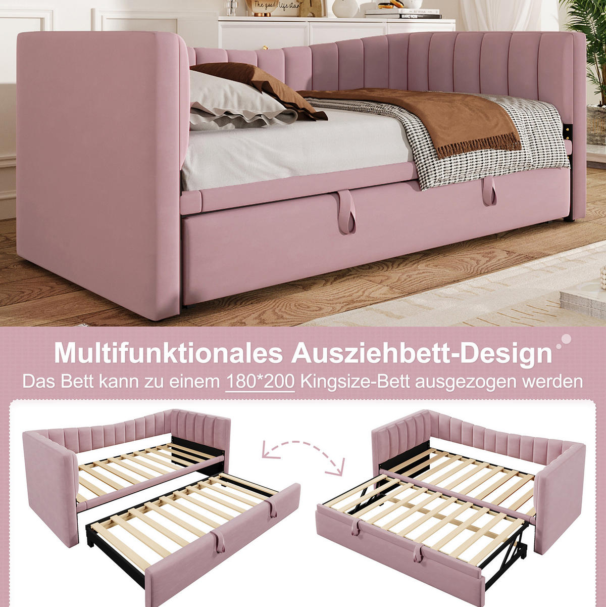 TAGESBETT 90/200 cm mit ausziehbarem Rollbett, Samtbezug und MDF-Gestell, Rosa - Rosa, Textil (180/200cm) - Redom