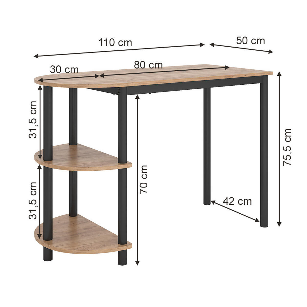 KÜCHENTISCH Freetown Goldkraft Eiche/Schwarz 110 x 50 cm mit offene Ablagen - Eiche Wotan/Schwarz, Holzwerkstoff (50/110/75.5cm) - Vicco