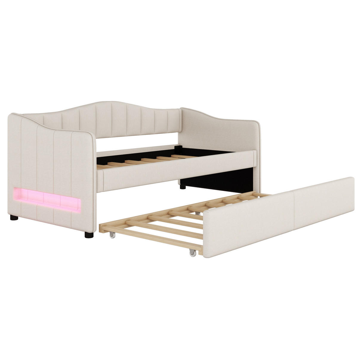 POLSTERBETT mit LED-Beleuchtung 90/200 cm in Beige mit ausziehbarem Rollbett - Beige, Textil (90/200cm) - BEAOK