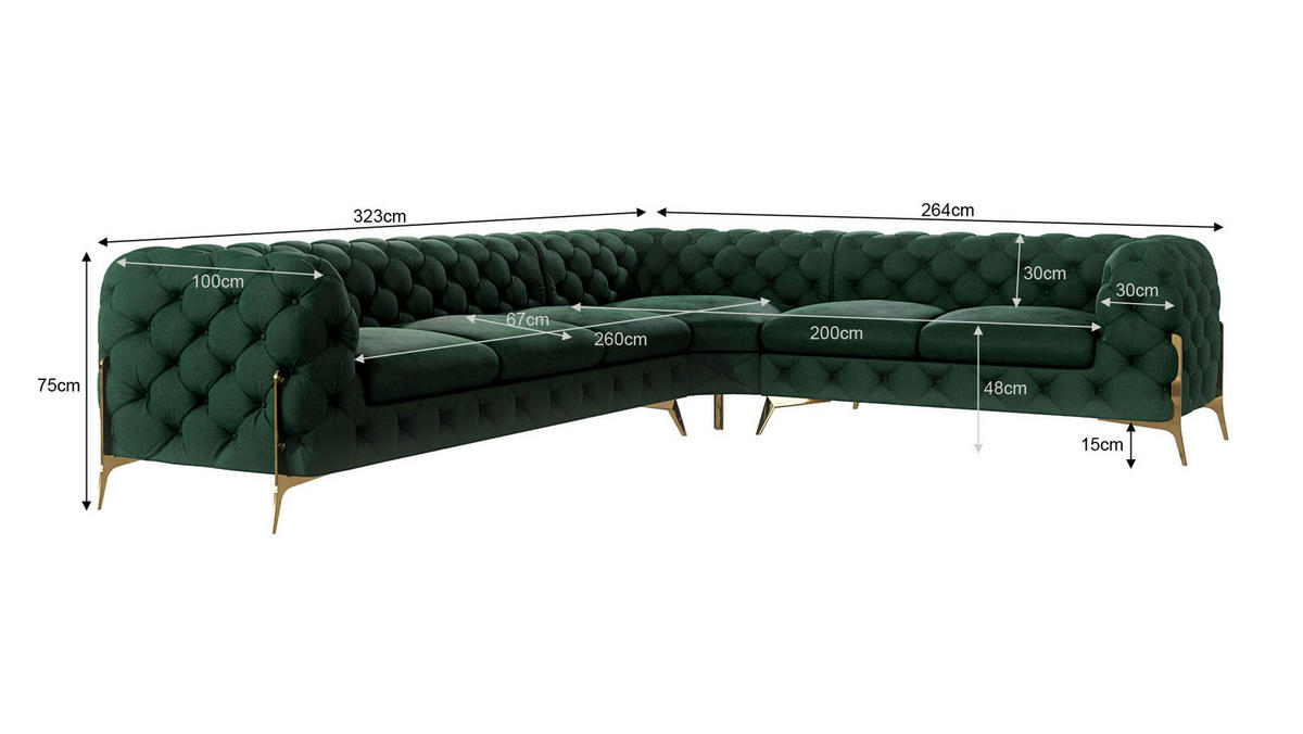 ECKSOFA Chesterfield Lexi Flasche Grün Samt, langer Schenkel links - Smaragdgrün/Goldfarben, Holz/Textil (323/264cm) - S-Style Möbel