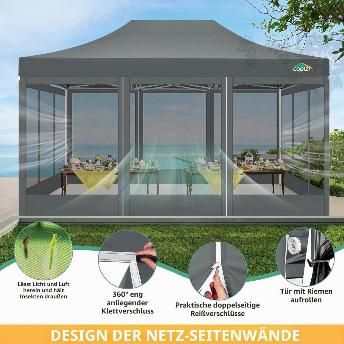 FALTPAVILLON 3 x 4.5 m Grau Wasserdicht mit 4 Netzseitenwänden - Grau, Textil (300/336/450cm)