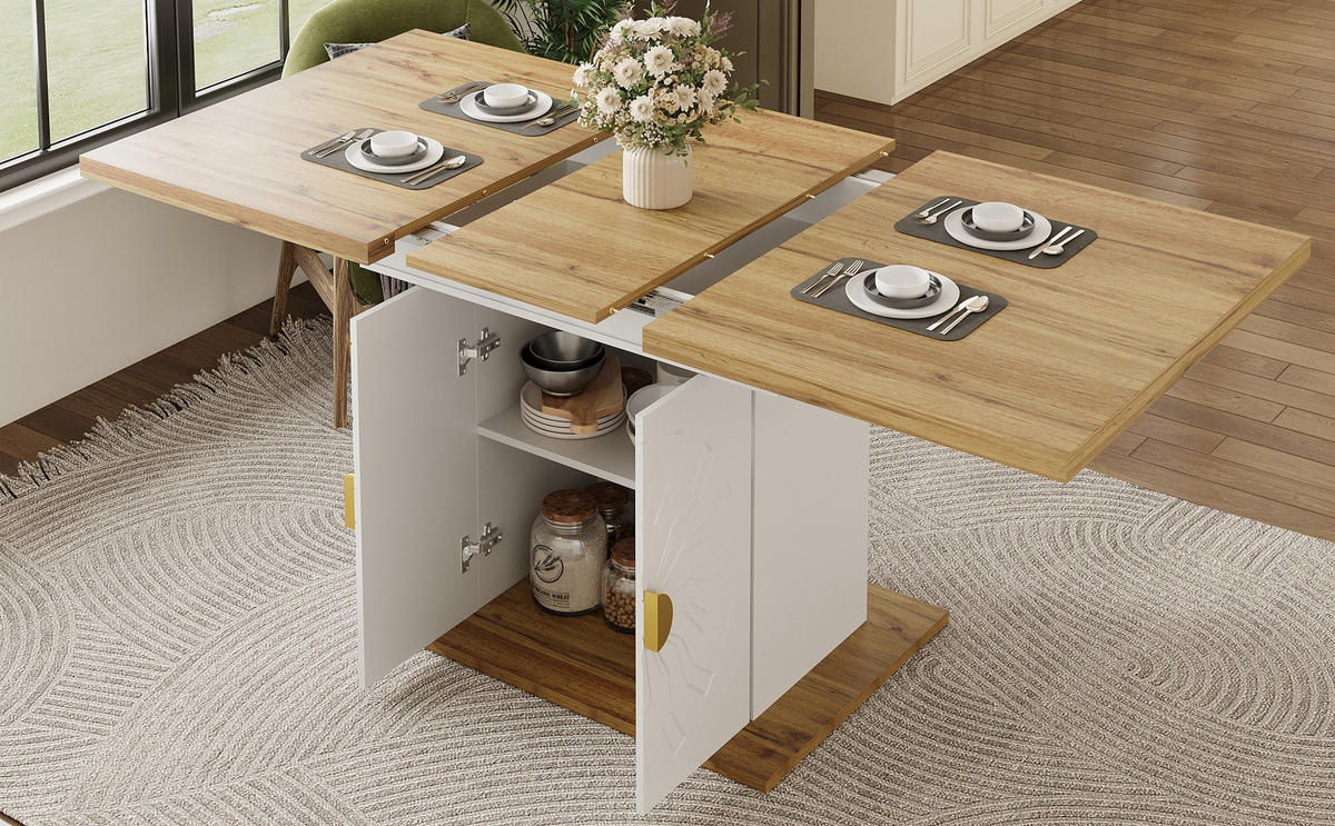 JÍDELNÍ stůl 110(140)/70/76 cm s rozkládací deskou a úložnými policemi, MDF, Bílá - bílá, kompozitní dřevo (76/70/110cm) - Redom