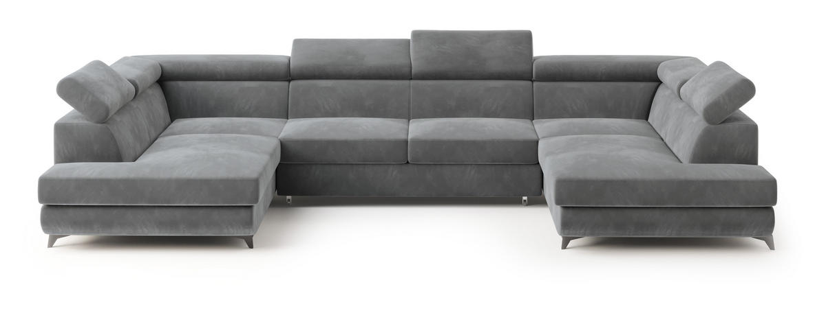 WOHNLANDSCHAFT VINTESSA Grau Velours-Stoff mit Schlaffunktion - Grau, Holz (323/89/190cm) - MASSENO