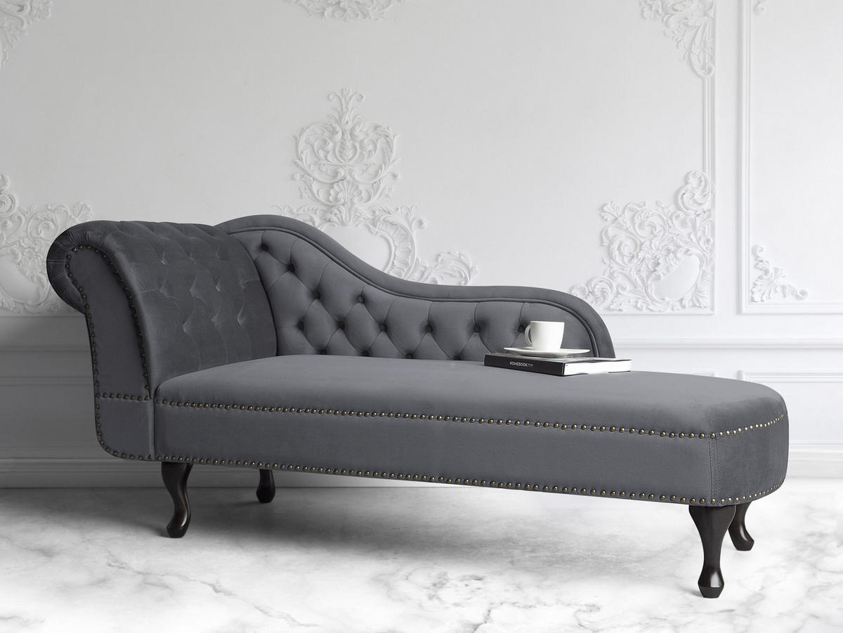 CHAISELONGUE Samtstoff grau linksseitig Nimes - Schwarz/Grau, Textil (170/79/61cm) - Beliani