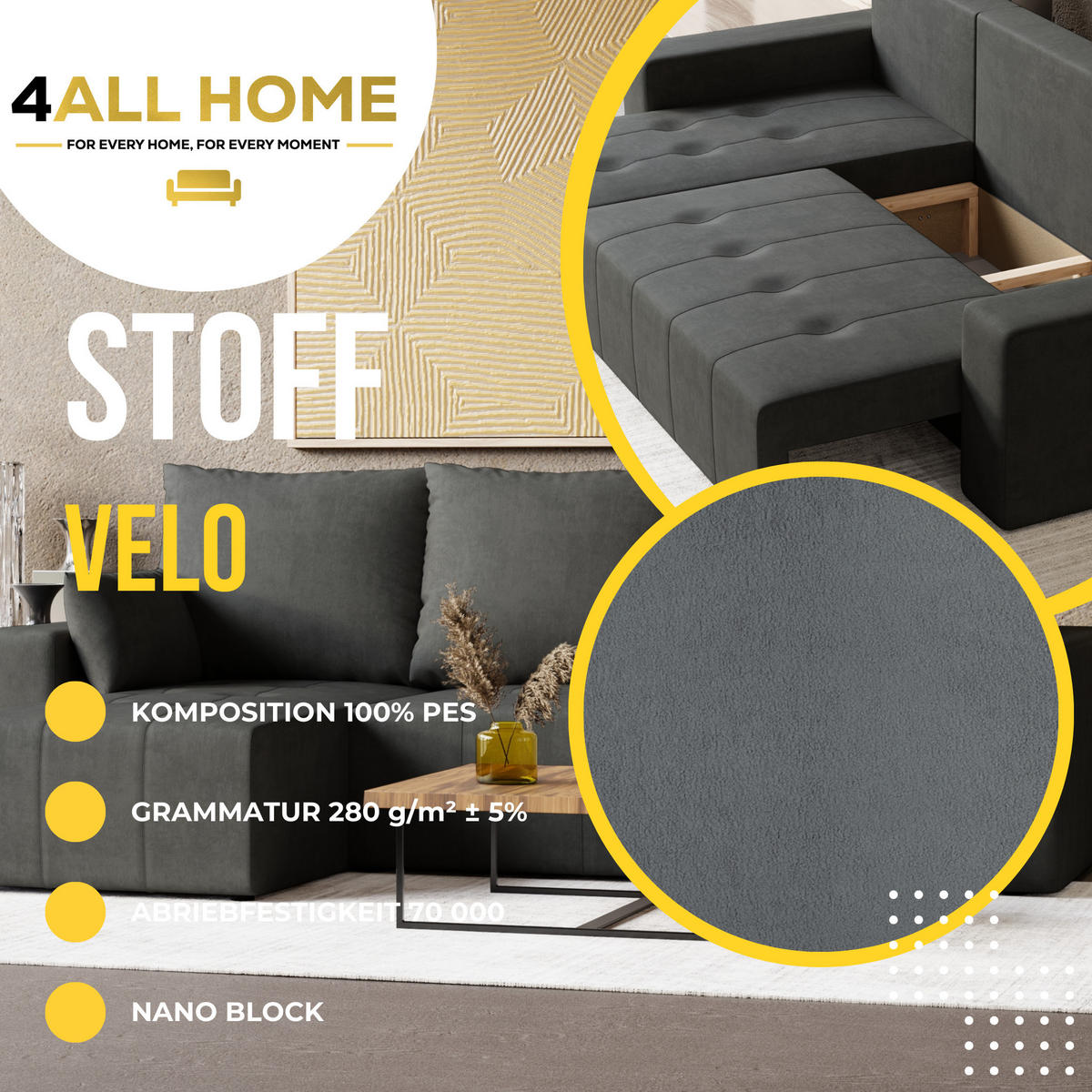 ECKSOFA Tico mit Bettkasten und Schlaffunktion, L-Form/XL-Form, Velourstoff, Universal - Graphitfarben, Holzwerkstoff (246/145cm) - 4ALL HOME