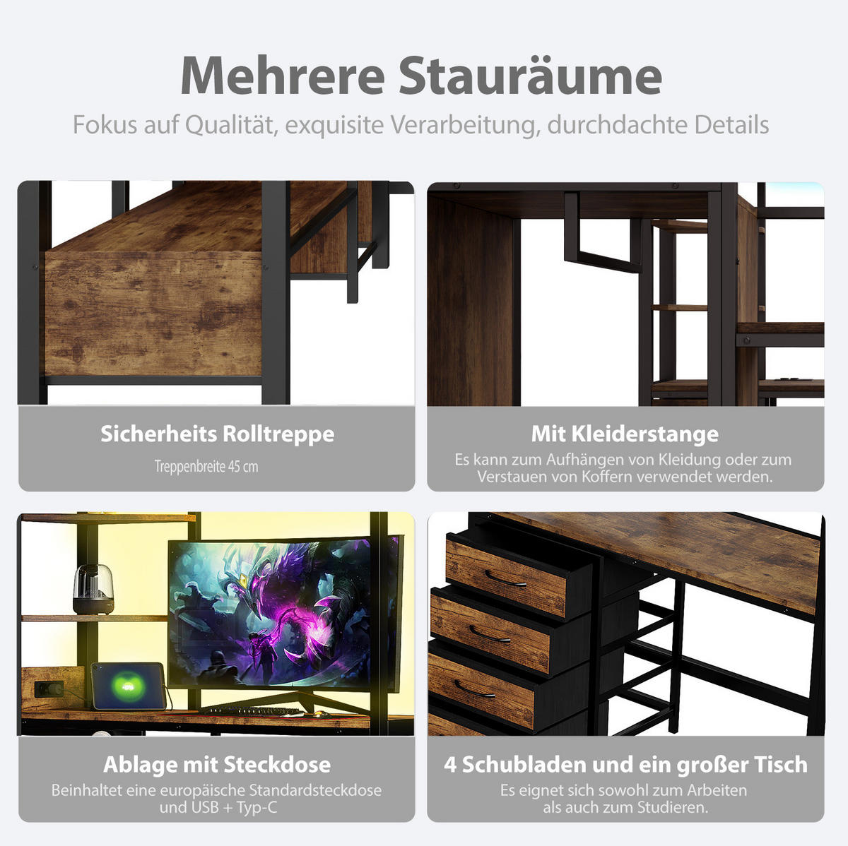 HOCHBETT 140/200 cm mit Schreibtisch, LED und Steckdose - Schwarz, Metall (140/200cm) - MIVRAY