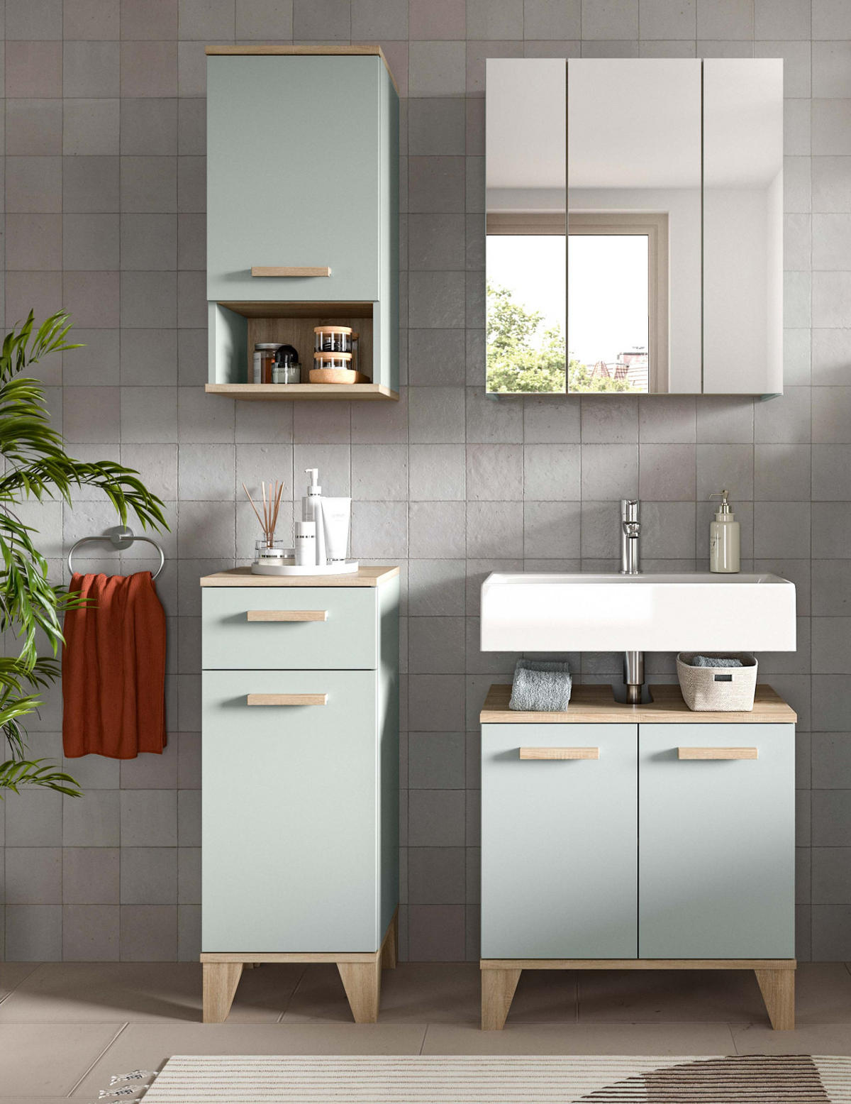 BADMÖBEL-SET 4-teilig grün, Eiche 109 x 190 cm, Badkombination skandinavisches Design - Eichefarben/Grün, Glas/Holzwerkstoff (109/190/34cm) - Inn.Furn