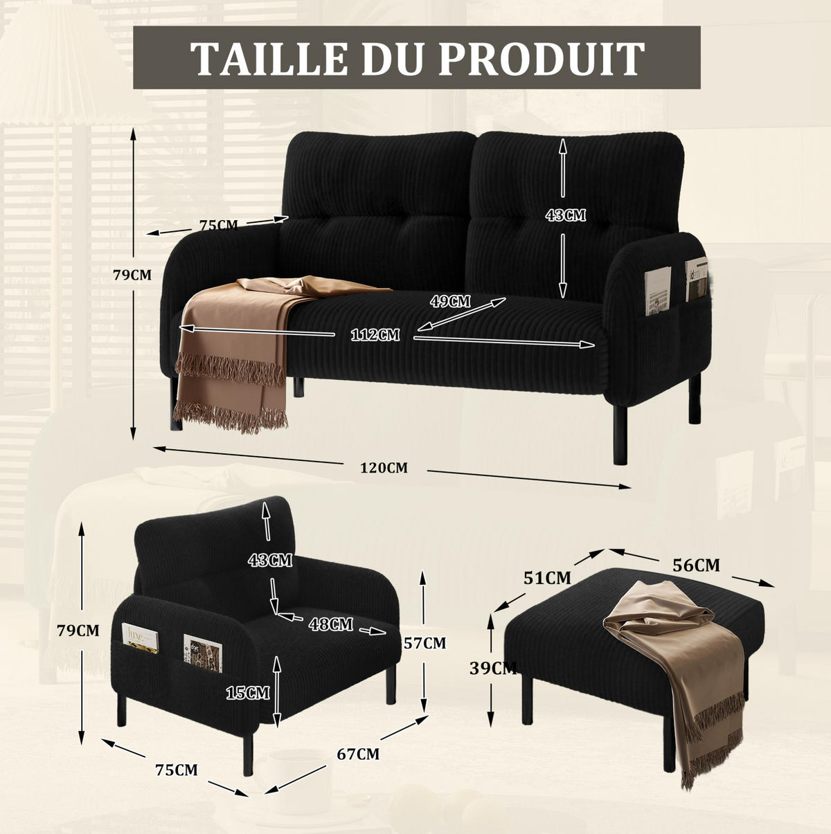 SOFA-SET 3er-Set mit Seitentasche Cord Schwarz - Schwarz, Textil (120/79/75cm) - IVMEU