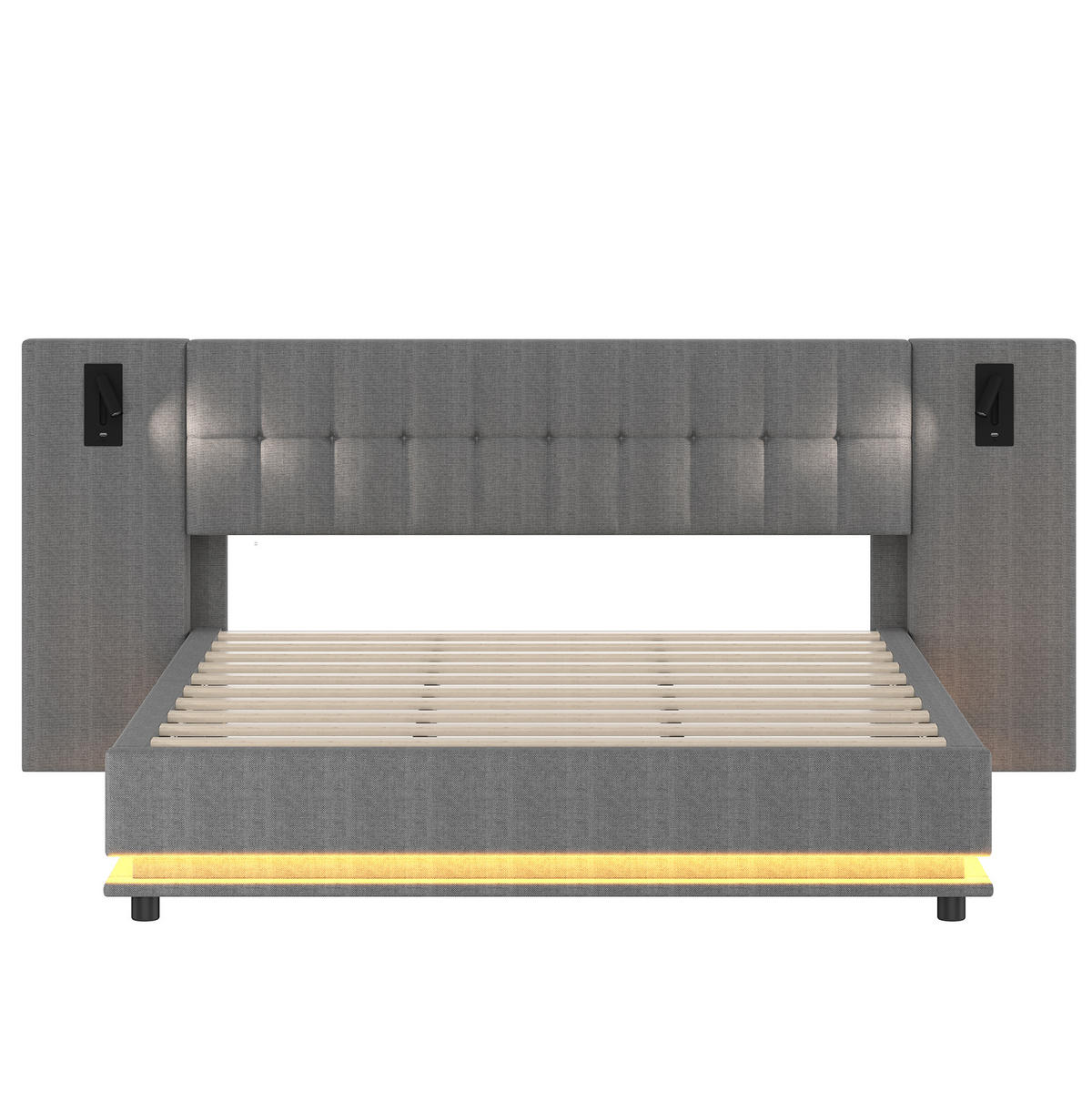 ČALÚNENÁ posteľ 180/200 cm s LED osvetlením, čelom so spotom a USB portom, bez matraca, Sivá - sivá, textil (180/200cm) - Redom