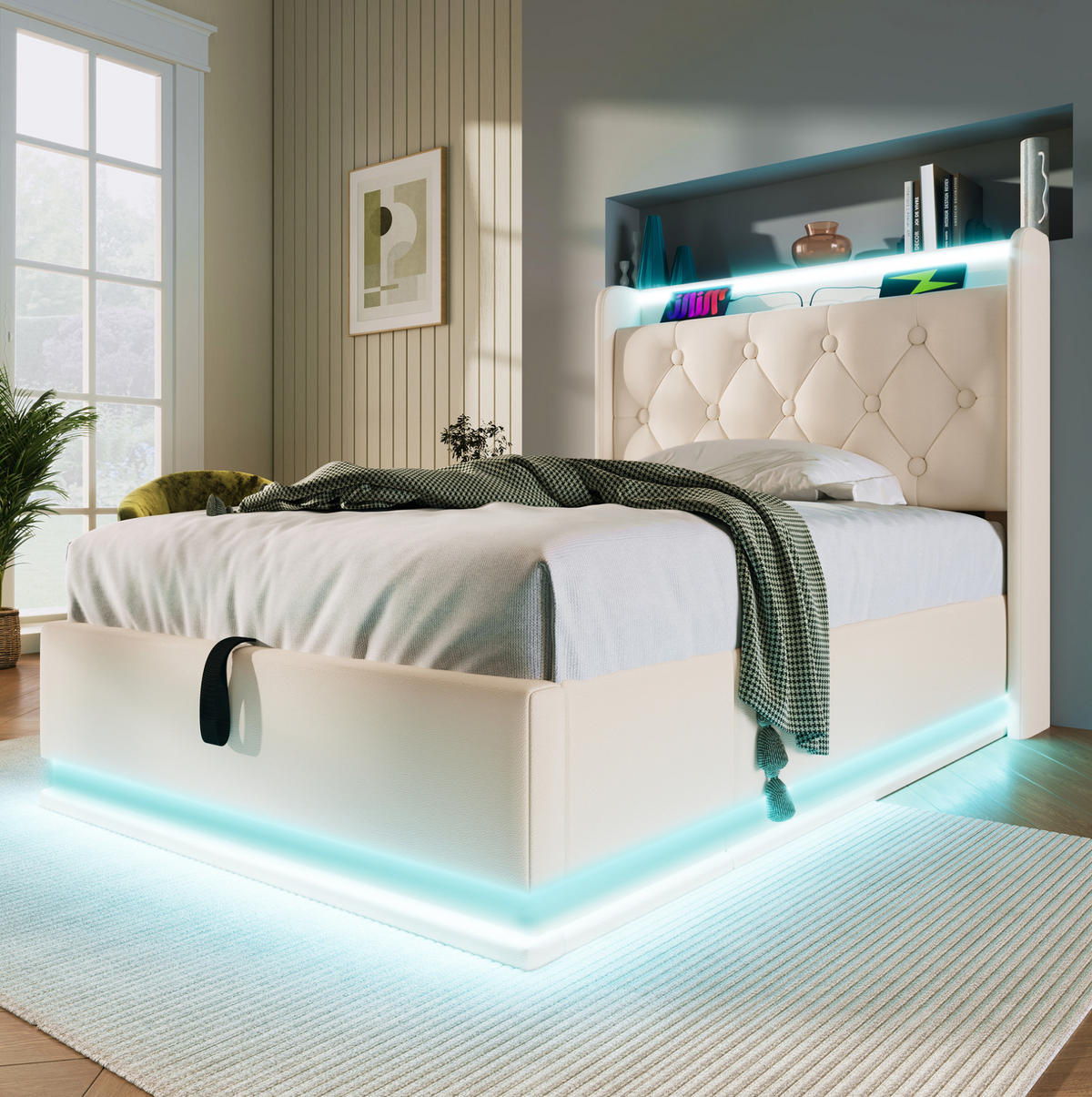 POLSTERBETT mit LED und Stauraum 90x200 cm PU Weiß - Weiß, Metall (90/200cm) - Meubliv