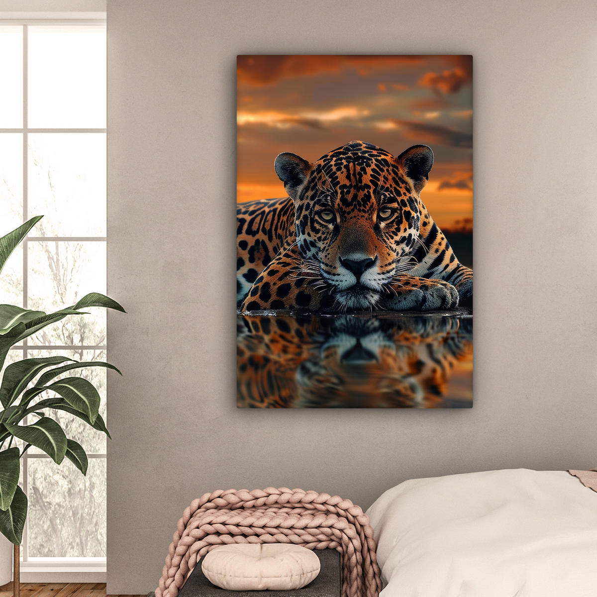 LEINWANDBILD Natur - Leopard - Tier - Sonnenuntergang - Modern Deko Groß 90x140 cm - Orange, Textil (90/140cm) - MuchoWow