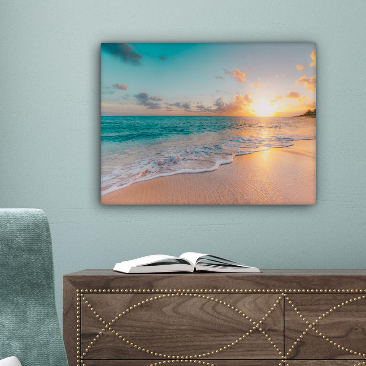 LEINWANDBILD - Sonnenuntergang - Strand - Meer - Sommer - Blau - 40x30 - Wanddeko - Multicolor, Textil (40/30cm) - MuchoWow