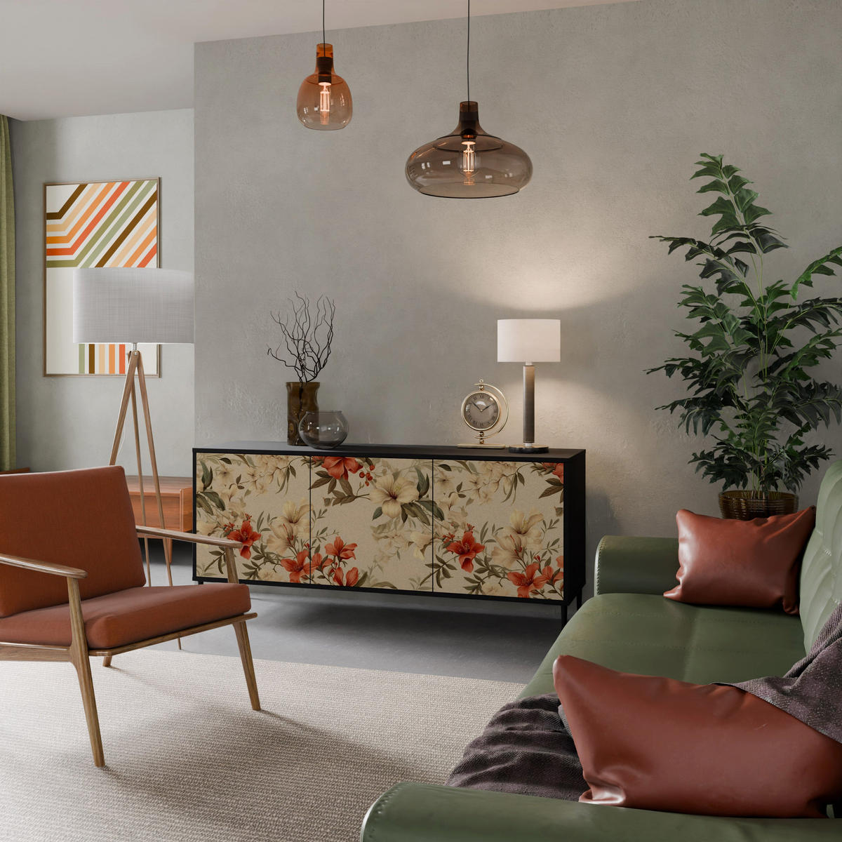 SIDEBOARD BLOOMING HARMONY, Eicheneffekt, 164,5x42x77,5 cm, 3 Türen - Eichefarben/Buchefarben, Holzwerkstoff/Buchenholz (164.5/77.5/42cm) - SpaceRebels