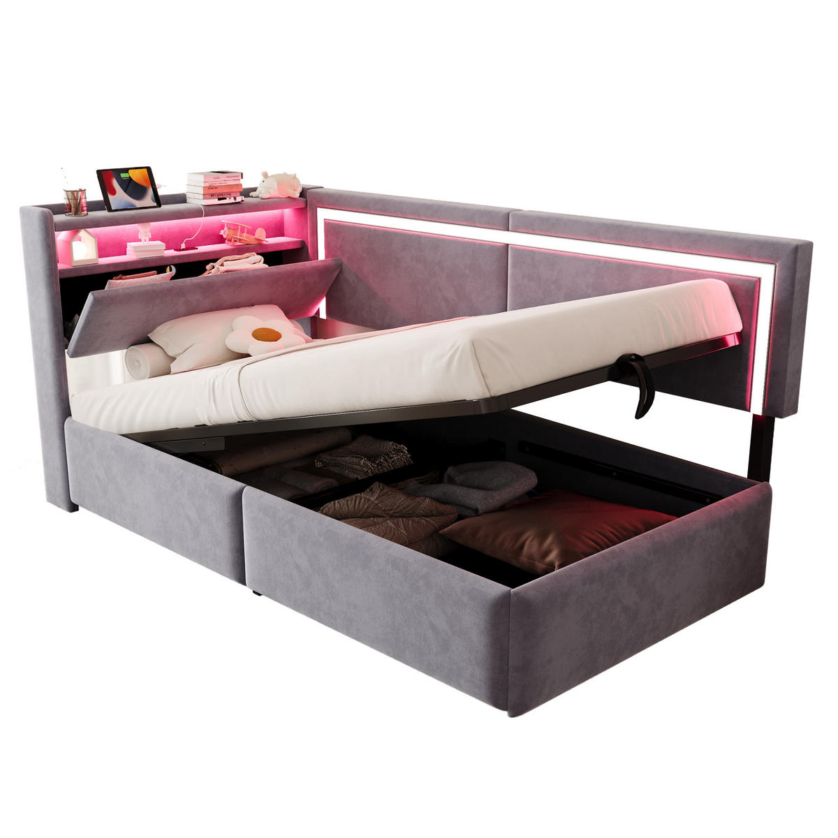 POLSTERBETT 90/200 cm hellgrau aus Samt mit LED und USB Stauraum - Hellgrau, Textil (90/200cm) - OKWISH