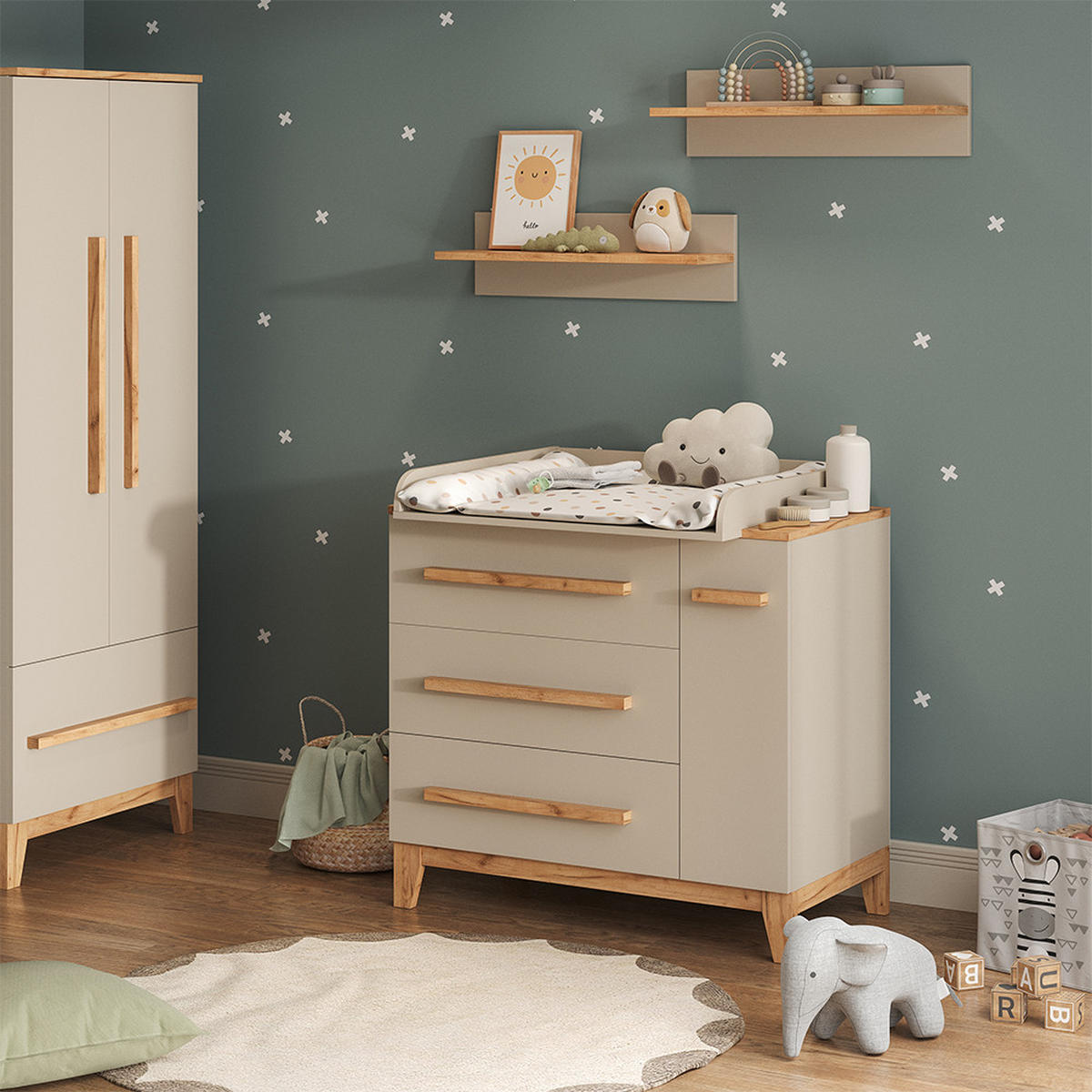WICKELKOMMODE Malia Cashmere 98 x 98 cm mit 1 Tür & 3 Schubladen - Kaschmir/Hellgrau, Holzwerkstoff (98/98/52cm) - VitaliSpa