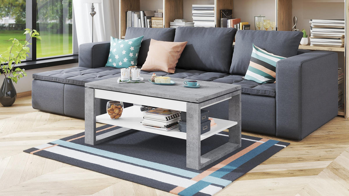 COUCHTISCH rechteckig Beton Weiß aufklappbar 110/65/50 cm - Hellgrau, Holzwerkstoff (65/110/50cm) - designimpex