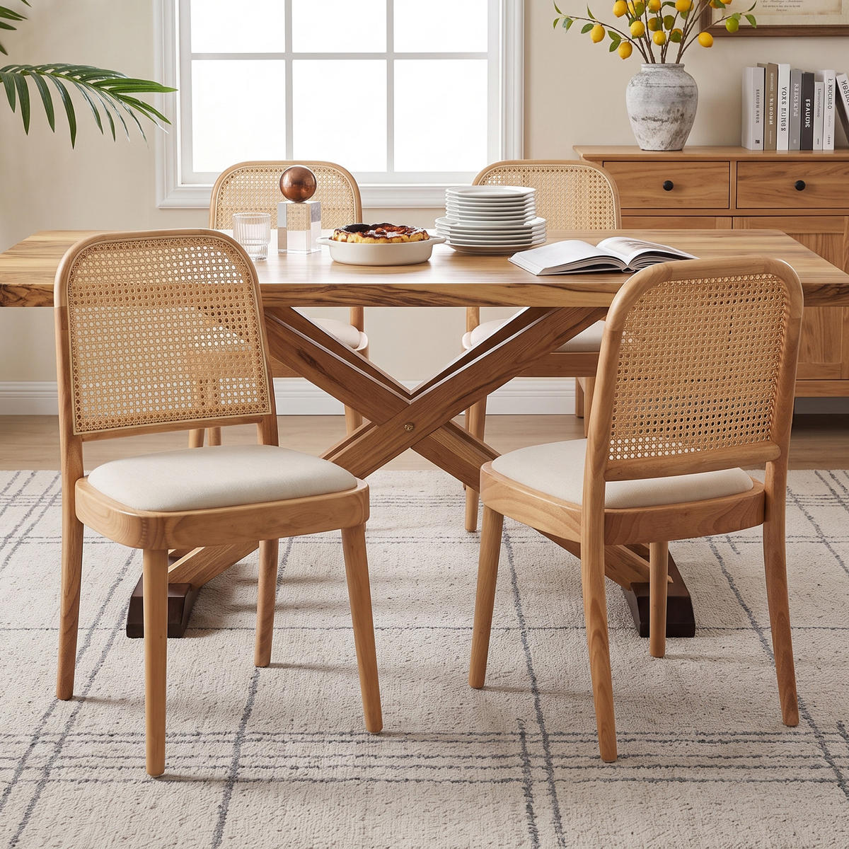 ESSZIMMERSTÜHLE 6er-Set Massivholz Rattan Leinen Holz - Naturfarben, Holz (52/84/45cm) - FLIEKS