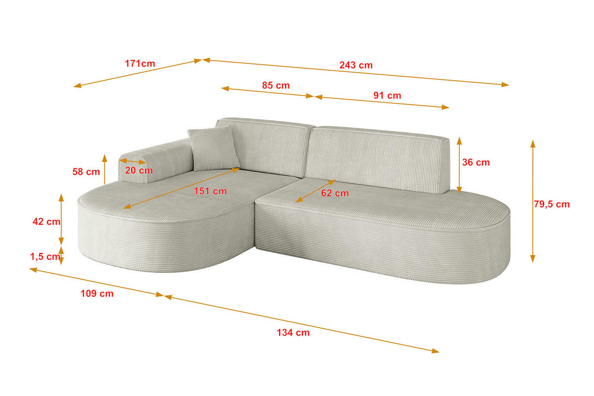 ECKSOFA Ottomane Links MARI-L1 - 243x171x79 cm Hellgrau Cord - Hellgrau/Schwarz, Holzwerkstoff/Kunststoff (163/234cm) - ALTDECOR