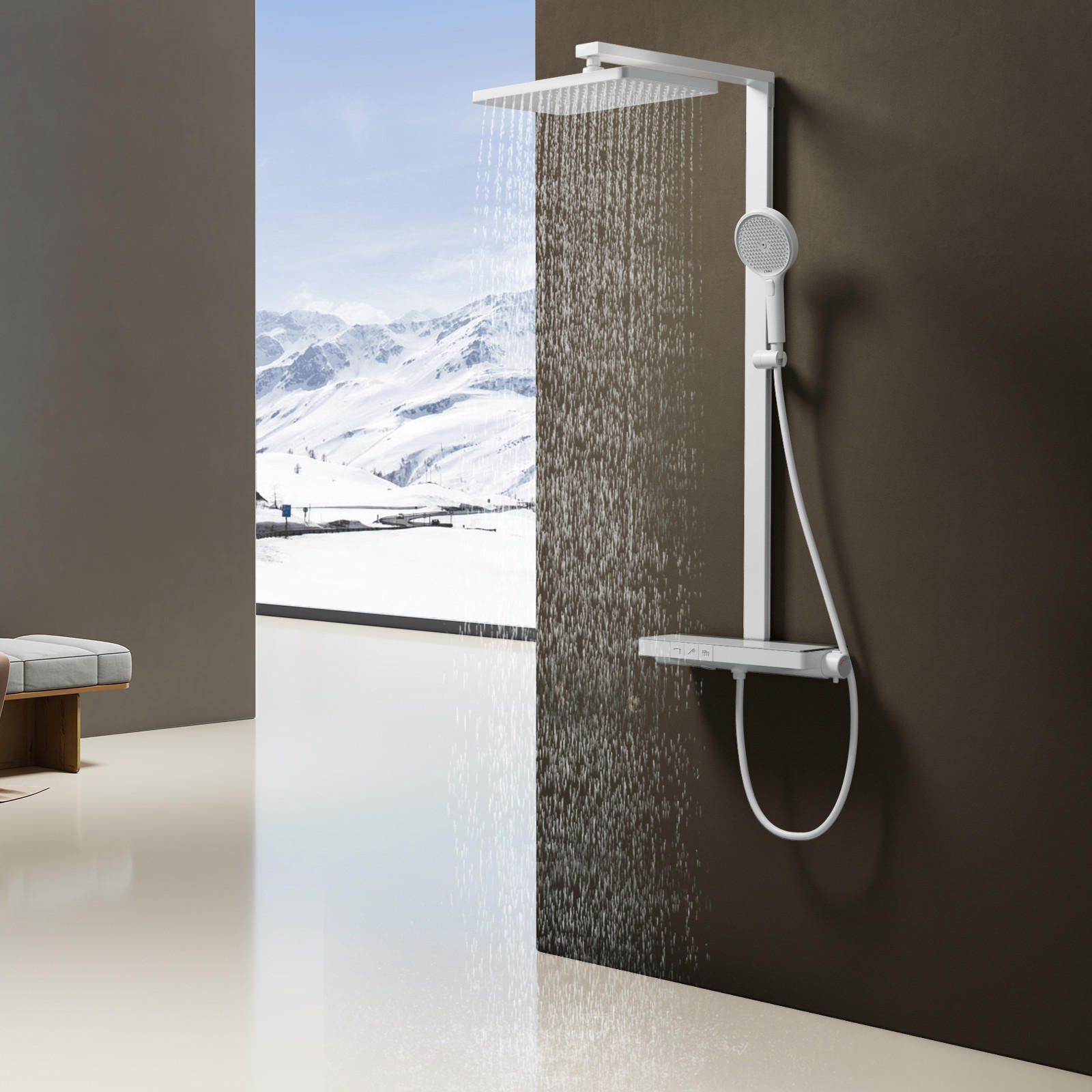 ÜBERKOPFBRAUSESET mit Brausethermostat Temperaturanzeige Weiß - Weiß, Metall (43.7/112.2/62.5cm) - EMKE