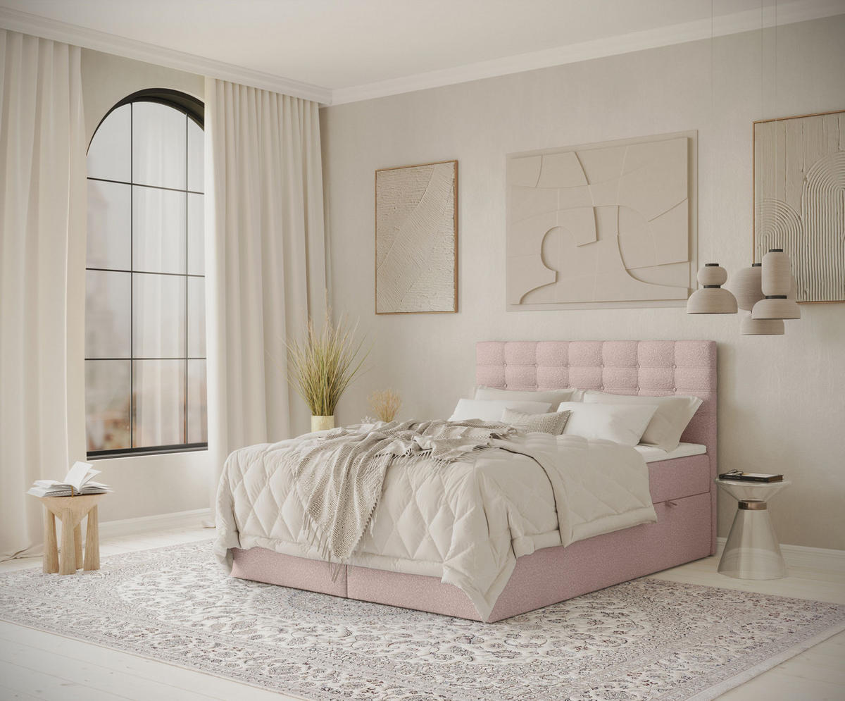 BOXBETT Sansa Hellrosa 200/200 cm mit Taschenmatratze und Topper - Hellrosa/Schwarz, Holz/Holzwerkstoff (200/200cm) - Maison de Reve
