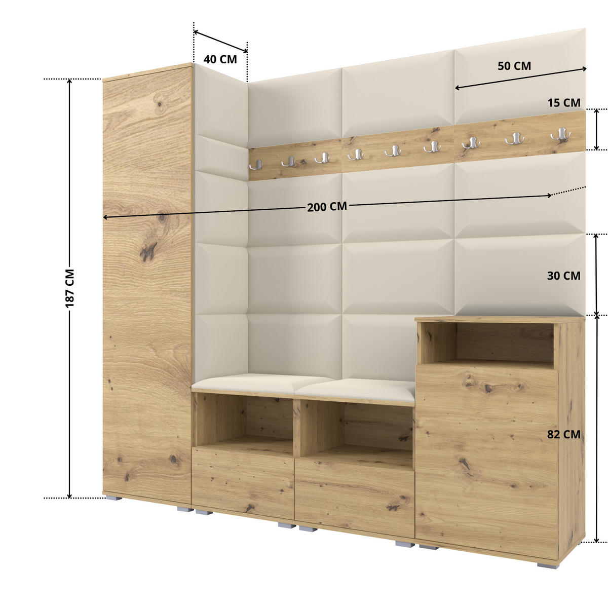 GARDEROBE NELA X 200 cm (Modulare Flurmöbel Artisan Eiche mit Sitzpolster Creme 01 Schrank + Sidelboard) - Silberfarben/Creme, Holz/Holzwerkstoff (200/187/40cm) - Ravio