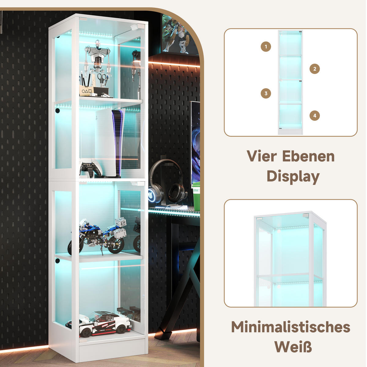 VITRINE Vitrinenschrank mit vier Ebenen Stauraum aus MDF und gehärtetem Glas, platzsparend, modern, Einzeltür Design - Weiß, Glas/Holzwerkstoff (40/170/35cm) - EVRYAE