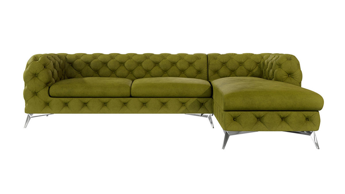 ECKSOFA Chesterfield Laura Olive Samt - Silberfarben/Olivgrün, Holz/Textil (305/200cm) - S-Style Möbel