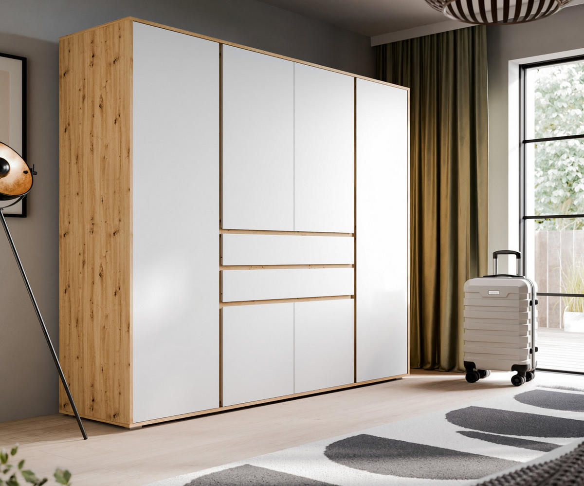 KLEIDERSCHRANK weiß, Eiche Artsian 197 x 194 cm, Drehtürenschrank 6-türig - Silberfarben/Weiß, Holzwerkstoff/Kunststoff (197/194/56cm) - Inn.Furn