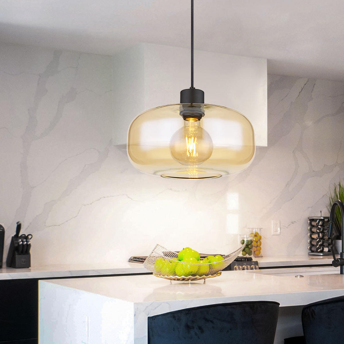 LED HÄNGELEUCHTE Metall Schwarz Amber - Schwarz, Glas (28/28/120cm) - Globo Lighting