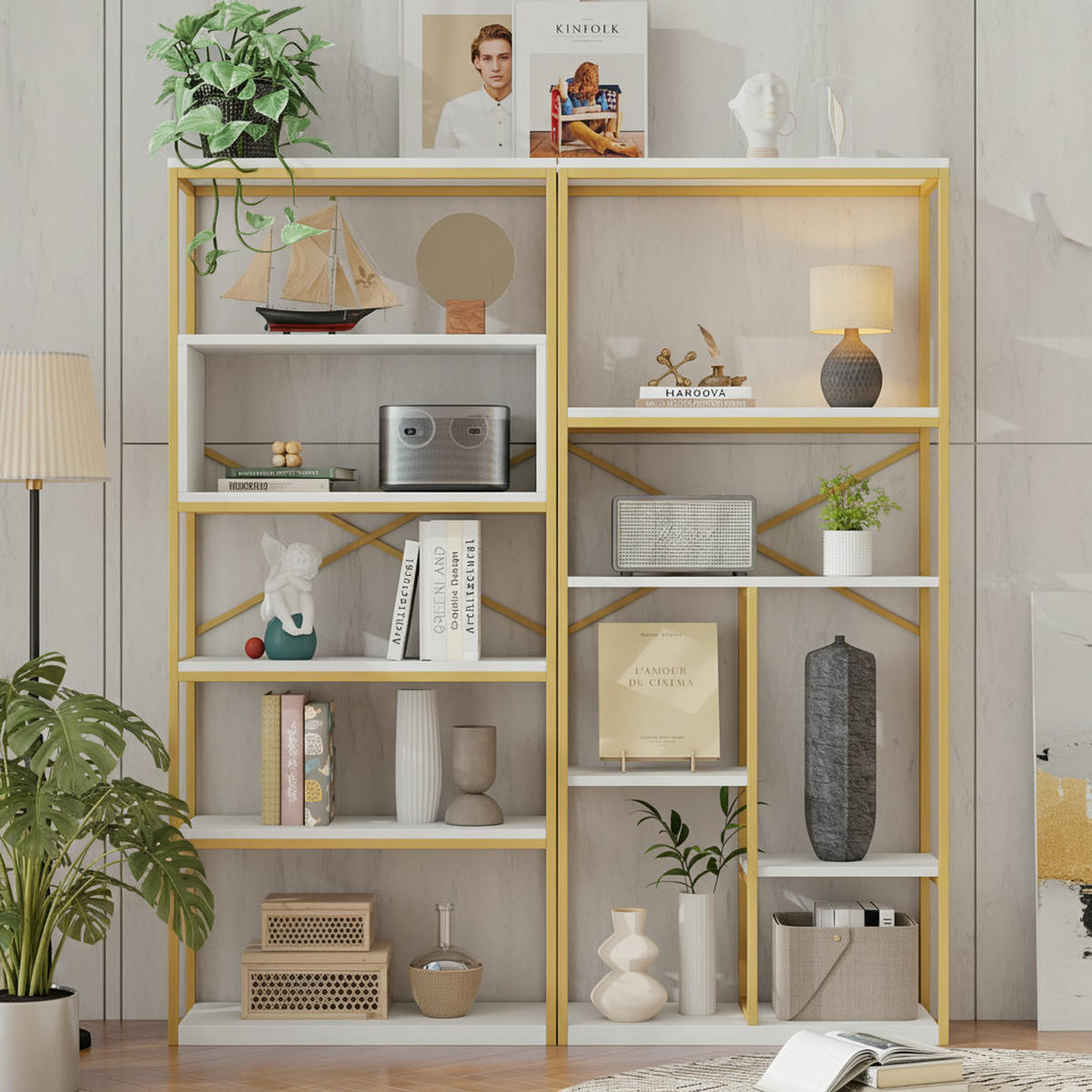 BÜCHERREGAL Gold Weiß X-Verstrebung Mehrfachfächer modern stabil - Goldfarben, Holzwerkstoff/Metall (160/180/39.5cm) - EVRYAE