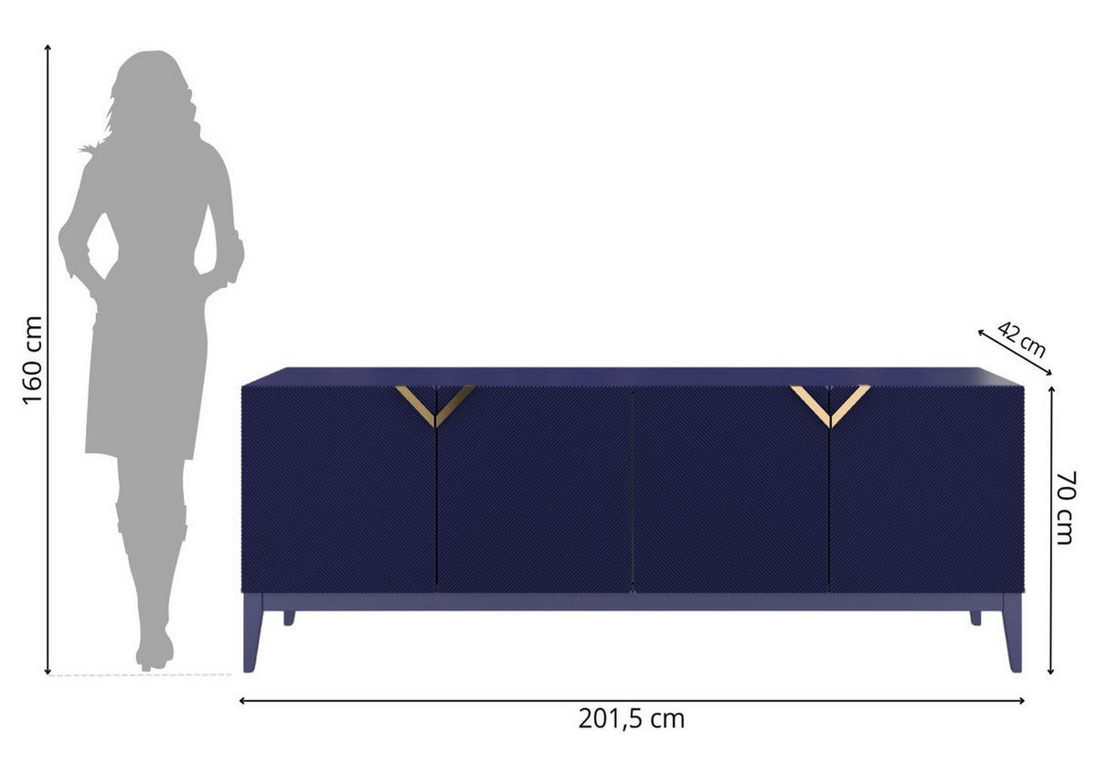 SIDEBOARD Demi Long, Marinblau-Gold, Mit Gefrästen Fronten, Massive Buche - Dunkelblau, Holz/Holzwerkstoff (201.5/70/42cm) - Visby