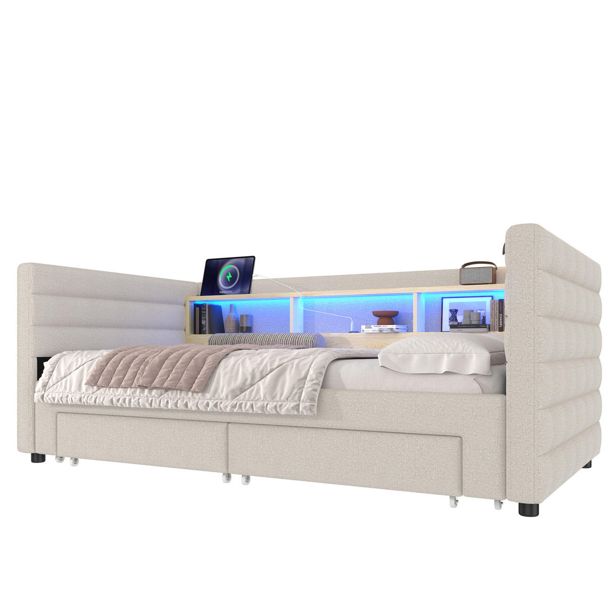 TAGESBETT 90/190 cm Beige aus Samt mit Ausziehfunktion und LED - Beige, Textil (90/190cm) - OKWISH