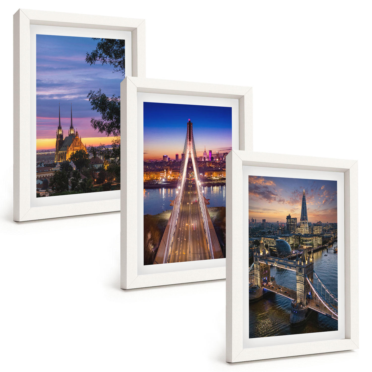 BILDER SET 3er Set - 20x30 cm Weißer Rahmen - Ausblicke auf Brücken und Sonnenuntergänge - Weiß, Kunststoff (20/30cm) - TULUP