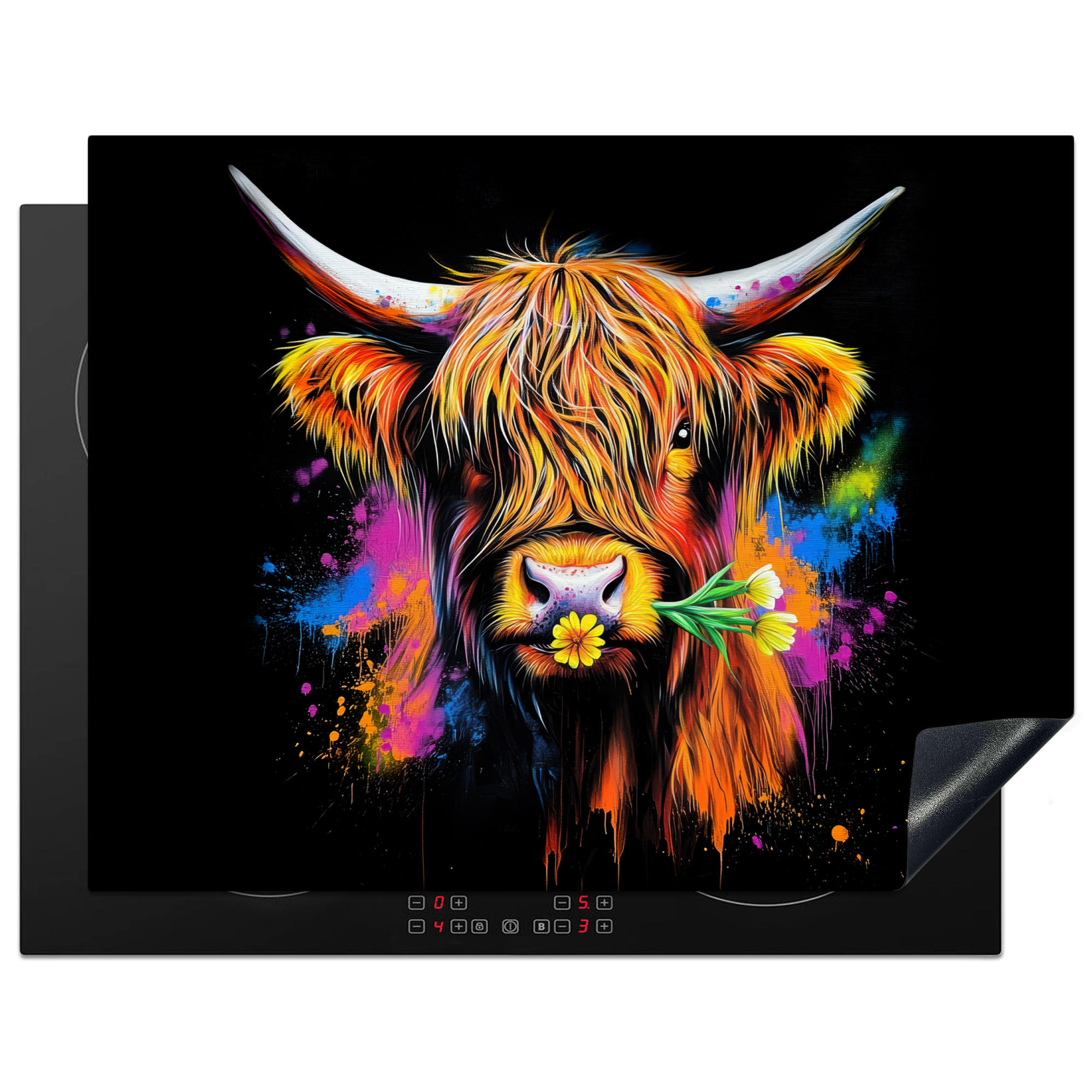 HERDABDECKPLATTE Schottischer Highlander - Graffiti - Bunt - Blume - Tiere Induktionsmatte 77x59 cm - Multicolor, Kunststoff (77/59/0.2cm) - MuchoWow
